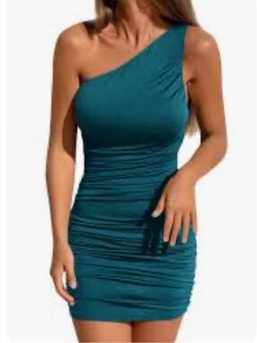 Macy's Crystal Doll One-Shoulder Ruched Teal Blue Evening Dress
